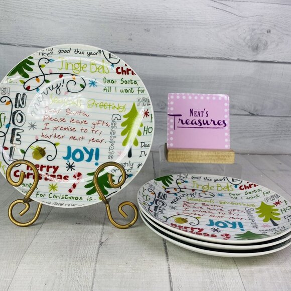 World Market DEAR SANTA Seasons Greetings Porcelain Salad Christmas Plates Set 4